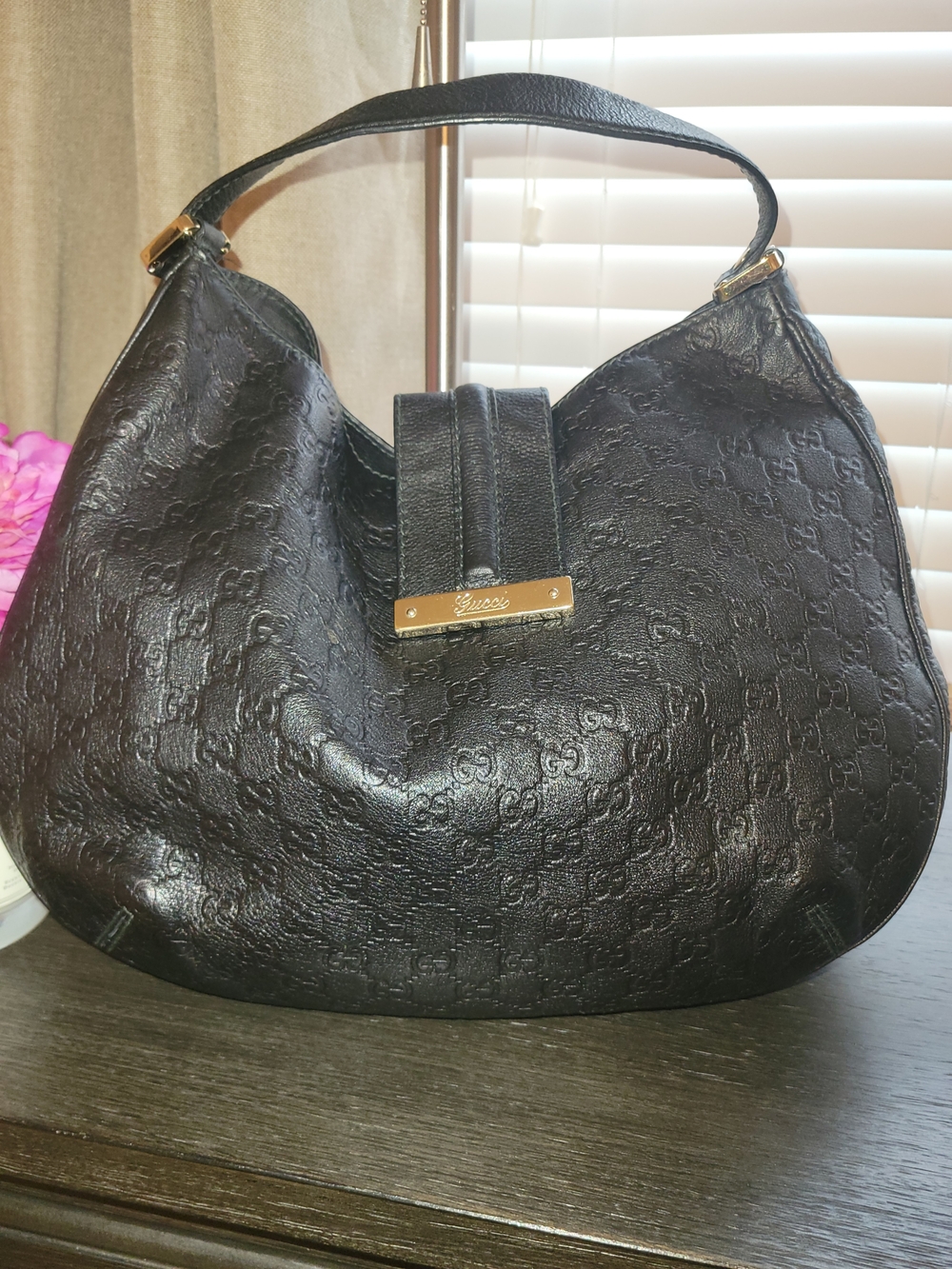 Gucci Black Embossed Monogram Hobo with Gold Plate